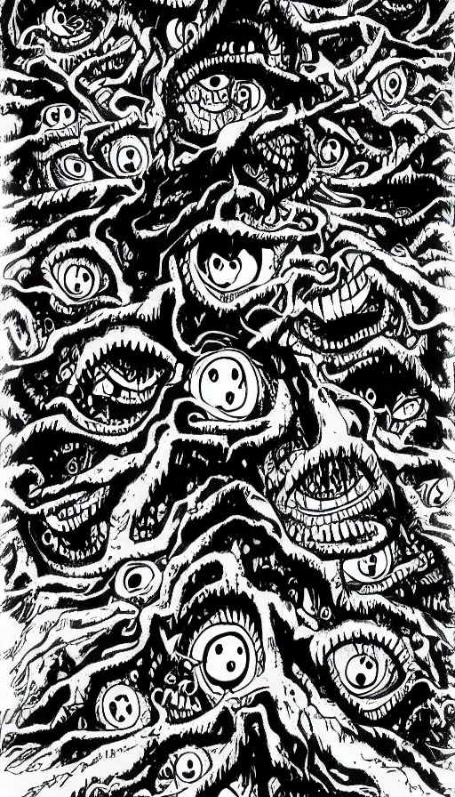 Image similar to a storm vortex made of many demonic eyes and teeth over a forest, by eiichiro oda