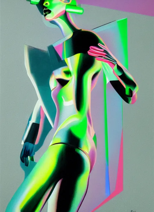 Image similar to futuristic lasers tracing, data visualization, laserpunk fullbodysuit,, pyramid visor, raindrops, wet, oiled, beautiful cyborg girl pinup, by steven meisel, kaws, rolf armstrong, cubist perfect geometry abstract acrylic, hyperrealism photorealistic airbrush collage painting, monochrome, neon fluorescent colors, minimalist rule of thirds, eighties eros