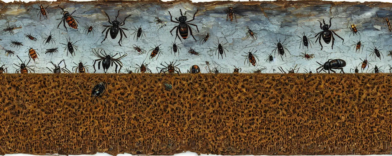 Image similar to strange giant insects, beetles, spiders, wasps, bees, maggots, locusts and flies, swarming in a cornfield, oil painting by max ernst and anselm kiefer, decay, mixed media, textured, sharp focus, highly detailed, photographic emulsion cracked and peeling, rust, cinematic lighting, 8 k, hd