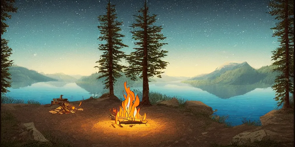 Image similar to a beautiful!!!!!!!! solitary campfire with a beautiful!!! lake in the background, no people, lonely landscape, pixel art, trending on artstation, extremely high detail!!, highly detailed