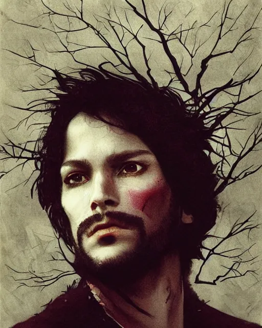 Image similar to a handsome but sinister and creepy man in layers of fear, with haunted eyes, violence in his eyes, ethically ambiguous, 1 9 7 0 s, seventies, delicate embellishments, a little blood, woodland, moonlight shining on wildflowers, painterly, offset printing technique, by alexandre cabanel