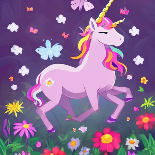 Prompt: Unicorn in the bush with a lot of flowers around, the sky is full of clouds and there are butterflies everywhere, pokemon style