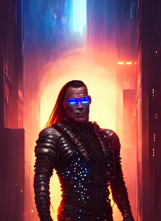 Image similar to van damme as cyberpunk raider, intricate, elegant, glowing lights, highly detailed, digital painting, artstation, glamor pose, concept art, smooth, sharp focus, illustration, art by artgerm and greg rutkowski, artey freytag