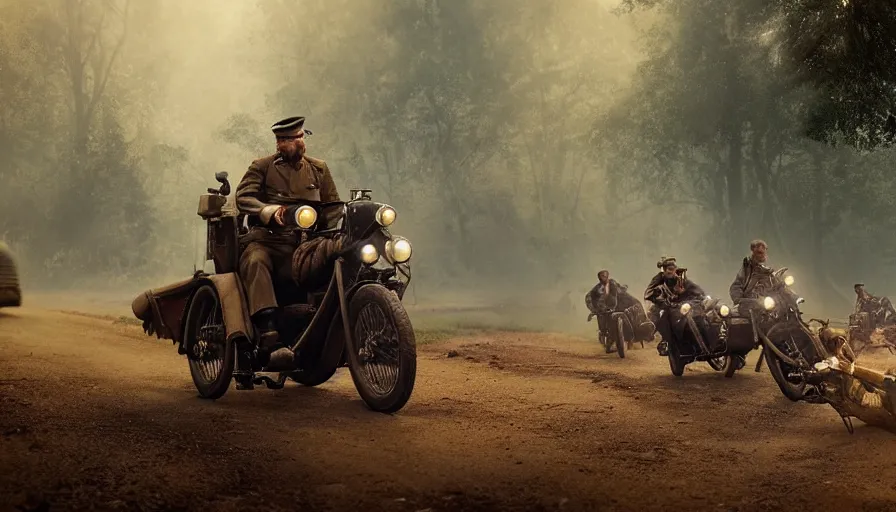 Image similar to british officer driving a motorcycle in 1921 in kerala forest road, tribe members attacking, action scene, an epic fantasy, dramatic lighting, cinematic, establishing shot, extremely high detail, photorealistic, cinematic lighting, artstation, by christopher nolan, horizon forbidden west