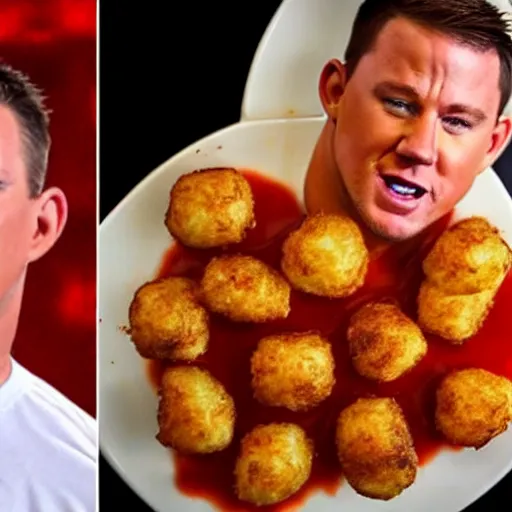 Image similar to channing tatum's face as tater tot on a plate with ketchup