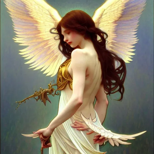 Prompt: Winged girl angel, fantasy, intricate, elegant, highly detailed, digital painting, artstation, concept art, smooth, sharp focus, illustration, art by John Collier and Wenqing Yan and Alphonse Mucha