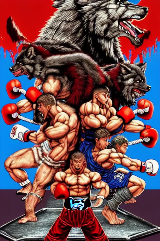 Image similar to extreme long shot. 8 bit nes graphics. antropomorphic muscular masculine wolf. kickboxer fighter, in shorts. wolf head. fine details, very sharp, art from nes game cartridge, 8 0's, vhs artefacts, vaporwave style, marc simonetti and hermann nitsch. streetfighter, contra