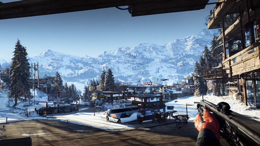 Prompt: Screenshot from Watchdogs at a ski resort