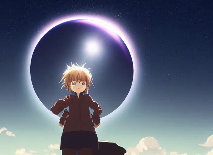 Image similar to total solar eclipse, soft lens, soft light, cel - shading, animation, in the style of cgsociety, deviantart, artstation, zbrush, cinema 4 d, studio ghibli, akihiko yoshida, atelier lulua, masamune shirow