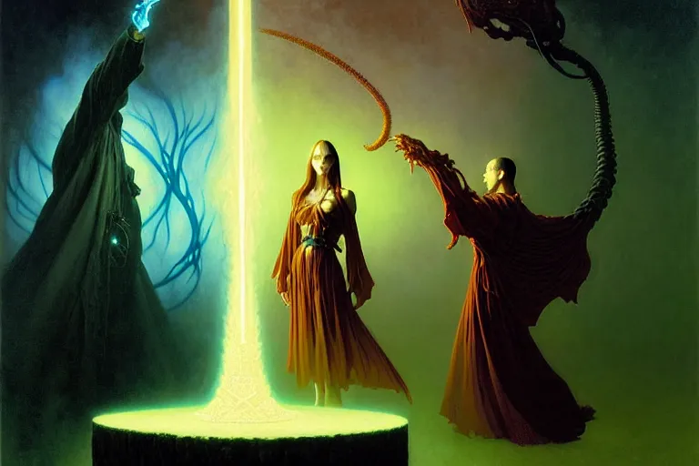 Image similar to the female arcanist and the male artificer by zacharias aagaard and albert bierstadt and gerald brom and zdzisław beksinski and james gilleard and wayne barlowe and marc simonetti, beautiful, robes, highly detailed, hyperrealistic, intricate, energy, electricity, blue flame, low light, green crystal, high contrast