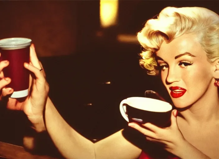 Image similar to A close-up, color cinema film still of a marlin monroe drinking coffee at a starbucks, ambient lighting at night.