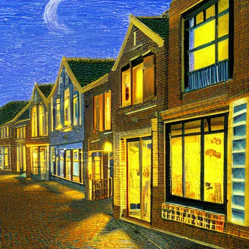 Prompt: a warm summer night in the village center of a small hovel in the netherlands, 2 0 0 8, detailed, wideshot, photorealistic, blue - yellow sky