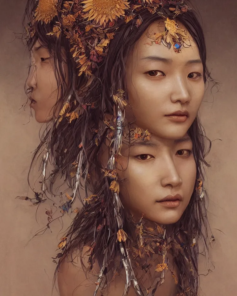 Prompt: a professional portrait of the Sunflower Goddess, tribal and wild Chinese woman, olive skin, beautiful bone structure, symmetrical facial features, intricate, elegant, digital painting, concept art, smooth, sharp focus, illustration, art style by Ruan Jia and Mandy Jurgens and Artgerm and William-Adolphe Bouguerea