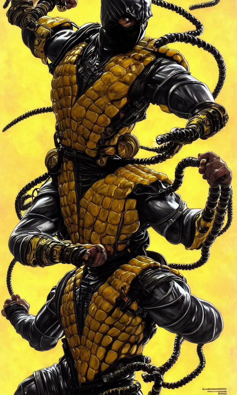 Prompt: hyper realistic full body portrait of scorpion from mortal kombat, yellow ninja exosuit, dynamic chain movement around him, by lee bermejo, alphonse mucha and greg rutkowski