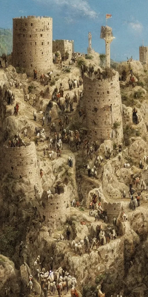 Image similar to a herd of goats climbing a tall citadel with tall towers and long stairs, beautiful, highly detailed