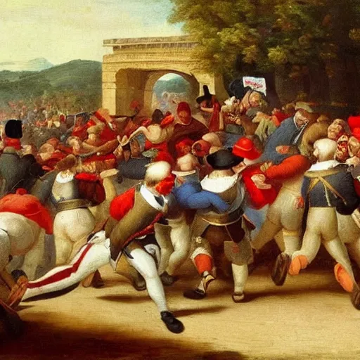 Prompt: obese maga trump supporters in red hats storming the bastille in 1 8 th century france oil painting