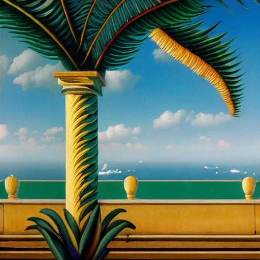 Image similar to a ultradetailed beautiful painting of the amazonas palace balustrade designed by rene magritte, tarsila do amaral, frank weston and gustave baumann, beach, trending on artstation, mediterranean, palm trees, detailed face, sharp focus, soft light, 8 k 4 k