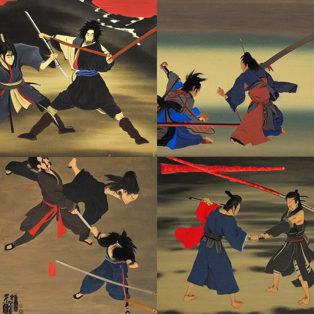 Prompt: final duel between sasaki kojiro and miyamoto musashi, dramatic, 8k, oil painting, masterpiece, Japanese