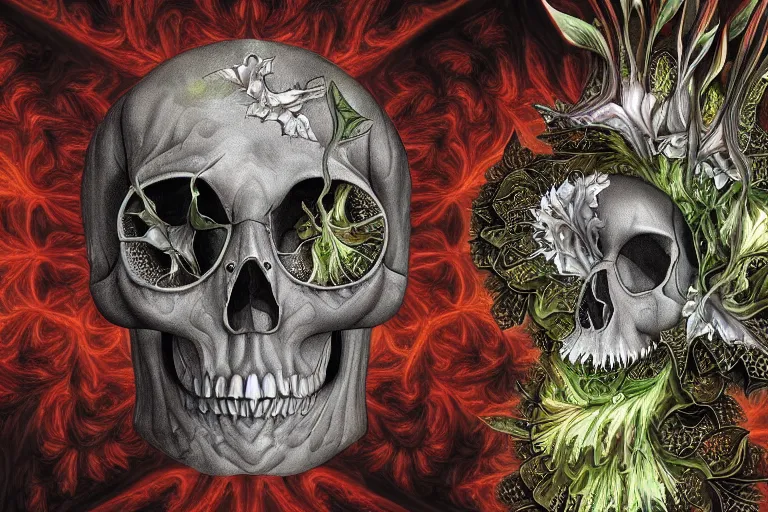 Prompt: an epic fantastic realism comic book style painting of datura flowers and a fractal skull within a fractal within a fractal within a fractal within a fractal all contained in a human skull and complimented with the most beautiful datura flowers, dynamic lighting, datura, angel's trumpet, allegory of death