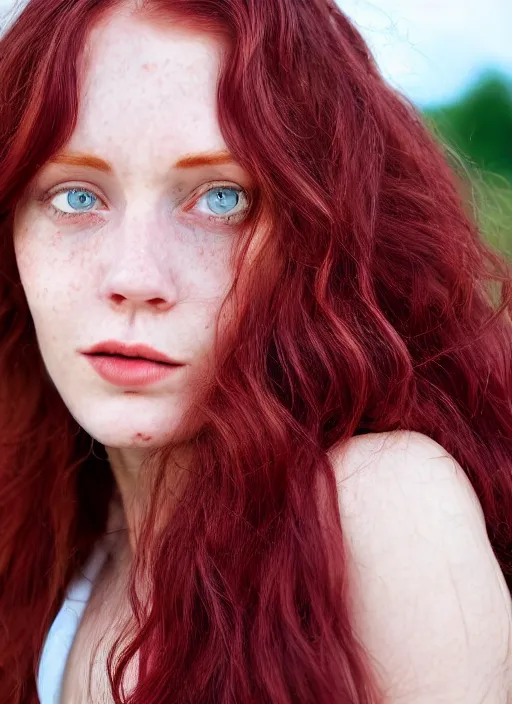 Image similar to close up portrait photograph of a thin young redhead woman with russian descent, sunbathed skin, with deep blue eyes. wavy long maroon colored hair. she looks directly at the camera. slightly open mouth, face takes up half of the photo. a park visible in the background. 5 5 mm nikon. intricate. detailed 8 k. cinematic postprocessing. award winning. luis royo.