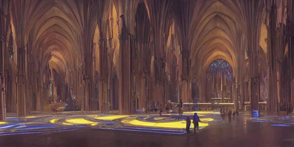 Image similar to a futuristic cathedral interior with holograms all over, ralph maquarrie and syd mead cinematic painting, 4 k