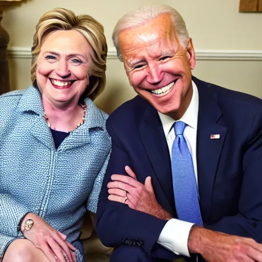 Image similar to up close of joe biden and hillary clinton cuddling on a loveseat