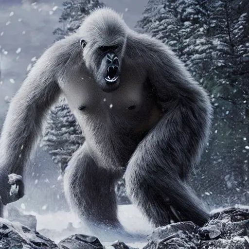 Image similar to a high detailed realistic photo of a yeti and sasquatch battling king kong