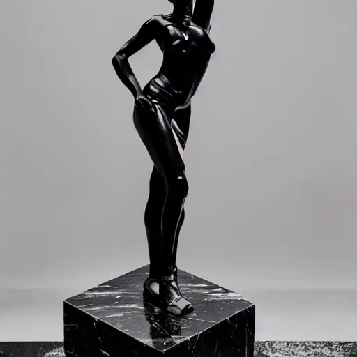 Image similar to extremely beautiful female black marble statue in the style of virgil abloh, colorful motocross logos behind her, sharp focus, clear, detailed,, cinematic, detailed, off white, glamourous, symmetrical, vogue, editorial, fashion, magazine shoot, glossy