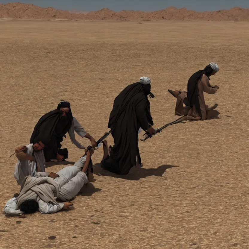 Prompt: a taliban terrorist beheads an usa citizen in the middle of a desert, ultra realistic, highly detailed, zoomed out, canon 3 5 mm photography