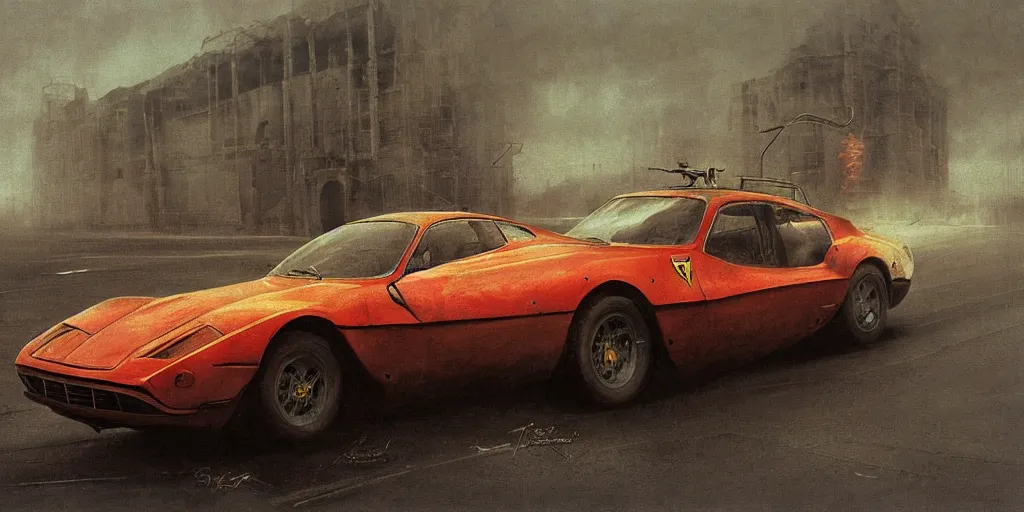 Image similar to ferrari in full speed in a empty street, mad max, kieth thomsen, zdzislaw beksinski