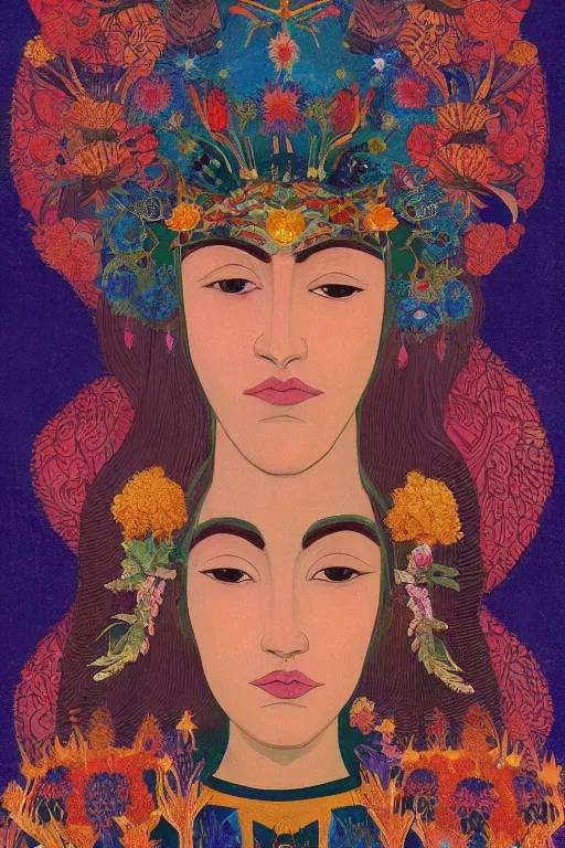 Image similar to queen of flowers, by Tino Rodriguez and Annie Swynnerton, and Nicholas Roerich, elaborate headdress and embroidered velvet, iridescent beetles, rich color, dramatic cinematic lighting, extremely detailed