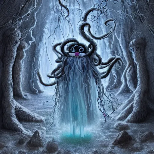 Image similar to a fluffy humanoid ethereal ghost like live action muppet wraith like figure with a squid like parasite taking over its head and four long tentacles for arms that flow gracefully at its sides like a cloak while it floats around a frozen rocky lake in the middle of the frozen woods searching for lost souls and that hides amongst the shadows in the trees, this character can control the ice and snow and has mastery of the shadows, it is known as the bringer of nightmares and the conqueror of the endless night terrors and staring too long can cause paralysis, it is a real muppet by sesame street surrounded by lost muppet souls, photo realistic, real, realistic, felt, stopmotion, photography, sesame street