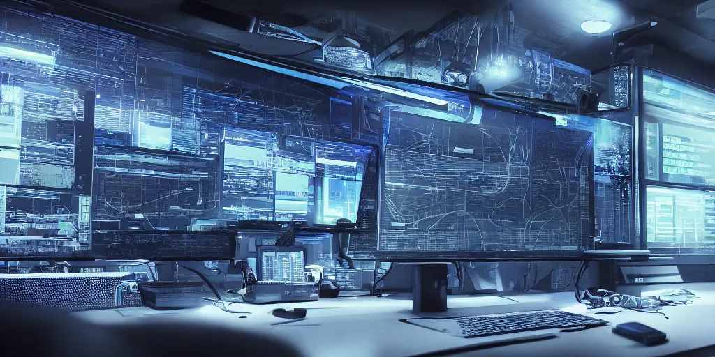 Image similar to cinematic macro photograph of a futuristic desktop monitor in an urban office setting with graphs shown as blueprints and schematic drawings on the screen, ultra realistic, by cedric peyravernay, by kilian eng, intracate detail, digital painting, minimal art style, mirrors edge art style, cinematic lighting, artstation, cgsociety, octane render, 3 5 mm film grain