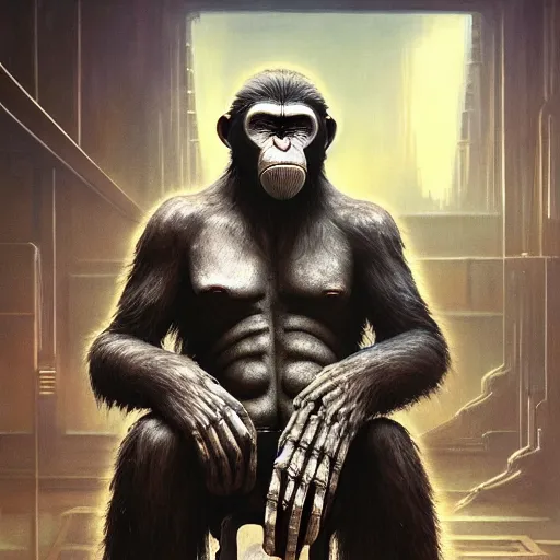 Image similar to koba from planet of the apes but part machine with one robotic eye sitting on a throne of human bones, hero character art, by chris leib and greg rutkowski and android jones in a surreal portrait, oil on canvas, volumetric lighting, cyberpunk, 8k, hd.