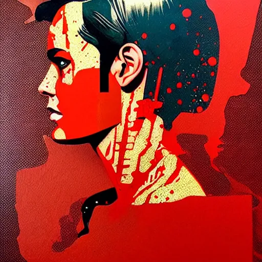 Image similar to portrait of red woman :: side profile :: in ocean :: guns and bullets :: metallic details :: gold :: blood and horror :: by marvel and Sandra Chevrier