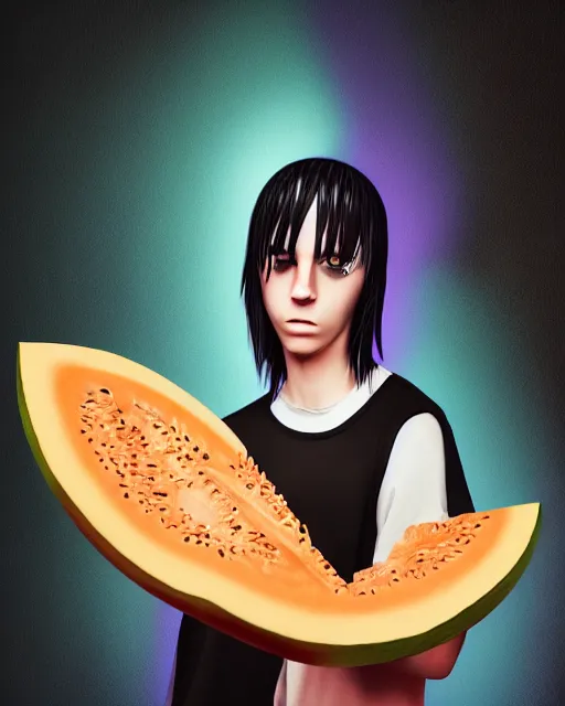 Prompt: a painting of an emo teenager with cantaloupe vibes, unreal engine, 4 k render, cinema 4 d, emo teenager at a party