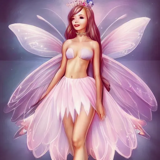 Image similar to very very very beautiful fairy princess with fairy wings, bare midriff, one foot raised off the ground, full body portrait, eye contact, smiling, flirty, perfect face, perfect body, drawn by artgerm