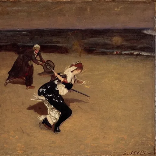 Image similar to a woman fighting a monster by alfred stevens