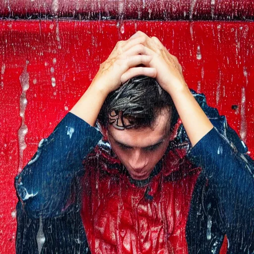 Image similar to A wet young man is standing on the floor on his head in the red room rain