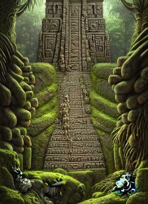 Prompt: inca temple stone carvings lost in the jungle, intricate, mossy, overgrown, elegant, highly detailed, centered, digital painting, artstation, concept art, smooth, sharp focus, illustration, artgerm, tomasz alen kopera, peter mohrbacher, donato giancola, joseph christian leyendecker, wlop, boris vallejo