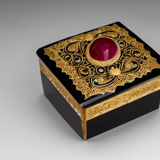 Image similar to carved ivory box with inlaid rubies, studio photography, black background