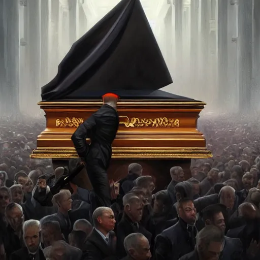 Image similar to putin funeral, death, coffin, portrait, highly detailed, full body, digital painting, trending on artstation, concept art, sharp focus, illustration, art by artgerm and greg rutkowski and magali villeneuve