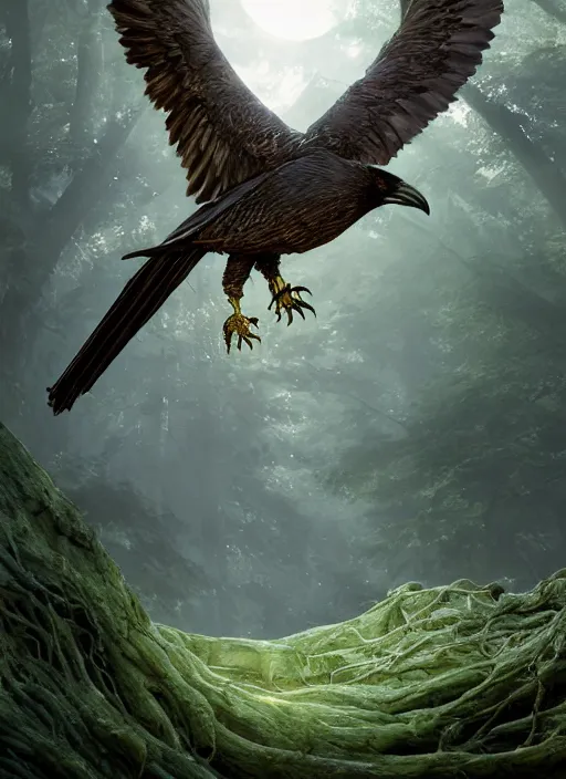 Image similar to glowing silver and golden elements, full close-up zoom portrait of realistic crow, book cover, green forest, white moon, establishing shot, extremly high detail, photo-realistic, cinematic lighting, by Yoshitaka Amano, Ruan Jia, Kentaro Miura, Artgerm, post processed, concept art, artstation, matte painting, style by eddie mendoza, raphael lacoste, alex ross