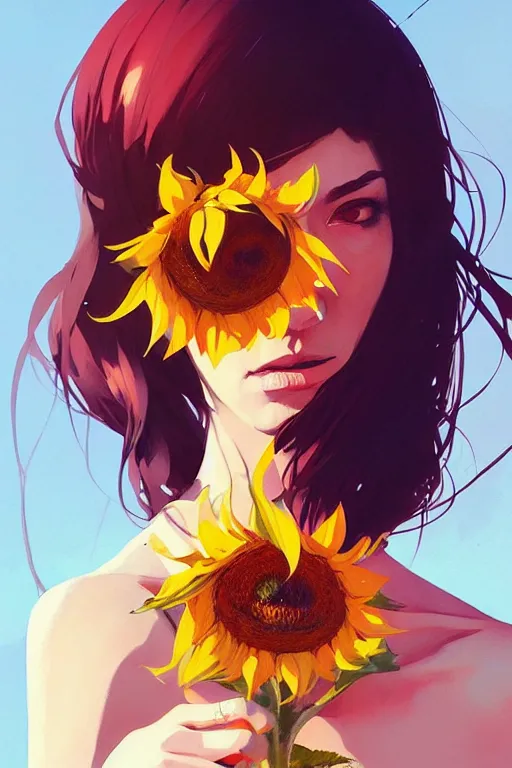 Prompt: a ultradetailed beautiful panting of a stylish woman holding a sunflower, by conrad roset, greg rutkowski and makoto shinkai, trending on artstation