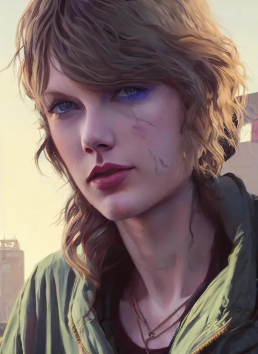 Image similar to Highly detailed full-body portrait of homeless and bruised Taylor Swift, in GTA V, Stephen Bliss, unreal engine, fantasy art by Greg Rutkowski, Loish, Rhads, Makoto Shinkai and Lois van baarle, ilya kuvshinov, rossdraws, Tom Bagshaw, global illumination, radiant light, detailed and intricate environment