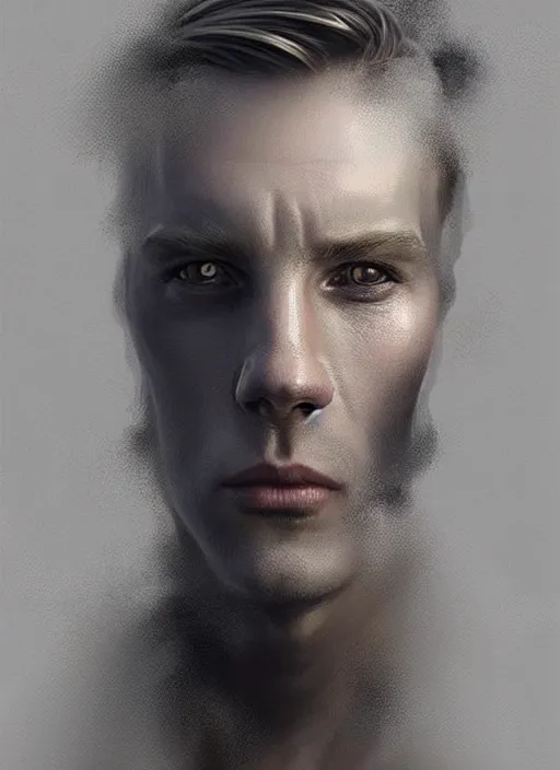 Prompt: portrait of finnish man made partly out of smoke, vanishhing slowly as an smoke to the air, realistic smoke, different smoke colors elegant, highly detailed, digital illustration, trending in artstation, trending in pinterest, glamor pose, concept art, smooth, sharp focus, art by artgerm and greg rutkowski