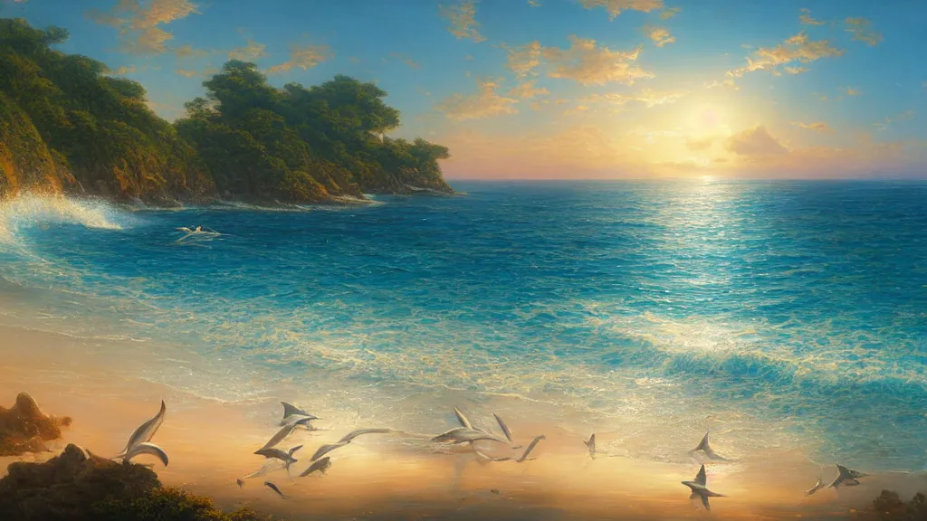 Image similar to sea, summer, clear beautiful sky, bright sky, dolphins jumping, peaceful, amazing, by andreas rocha and john howe, and Martin Johnson Heade, featured on artstation, featured on behance, golden ratio, ultrawide angle, f32, well composed