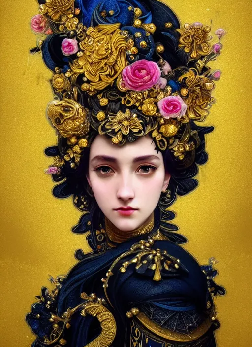 Image similar to beautiful black blue yellow, complicated gold and pink flowers in baroque style headwears, dark fantasy, intricate, elegant, highly detailed, digital painting, artstation, concept art, matte, 3 d 8 k octane rendered, sharp focus, illustration, octane rendered, art by artgerm and alphonse mucha, leesha hannigan