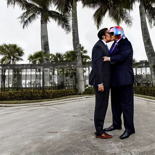 Image similar to 4 k hdr full body wide angle sony portrait of ron desantis kissing donald trump with moody stormy overcast lighting