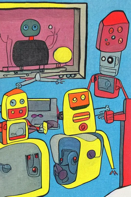 Prompt: children's book illustration of robots watching tv by margret rey